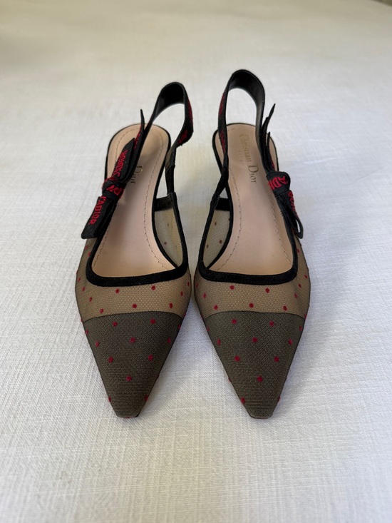 Dior Shoes - Dior Black Mesh Pointed Toe Slingback Heels with Red Dot Accents